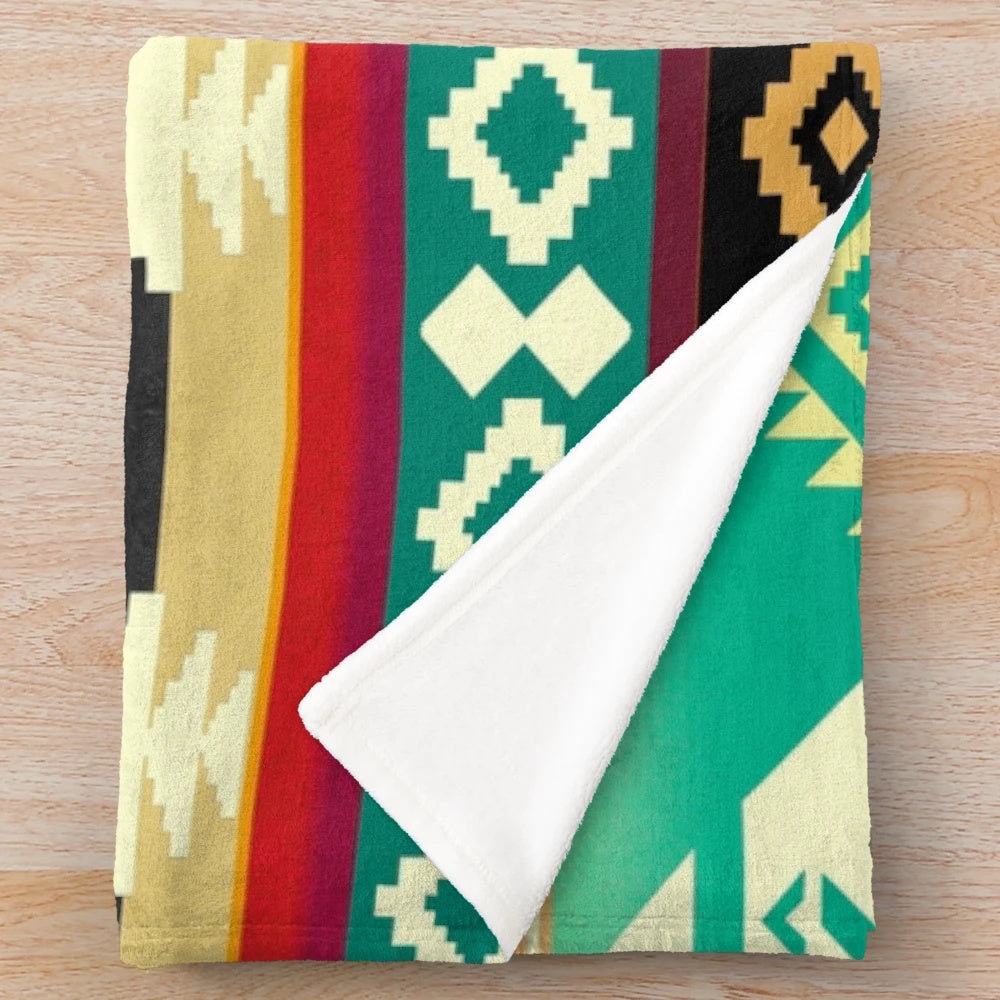 Plush blanket with native american thunderbird and geometric pattern design