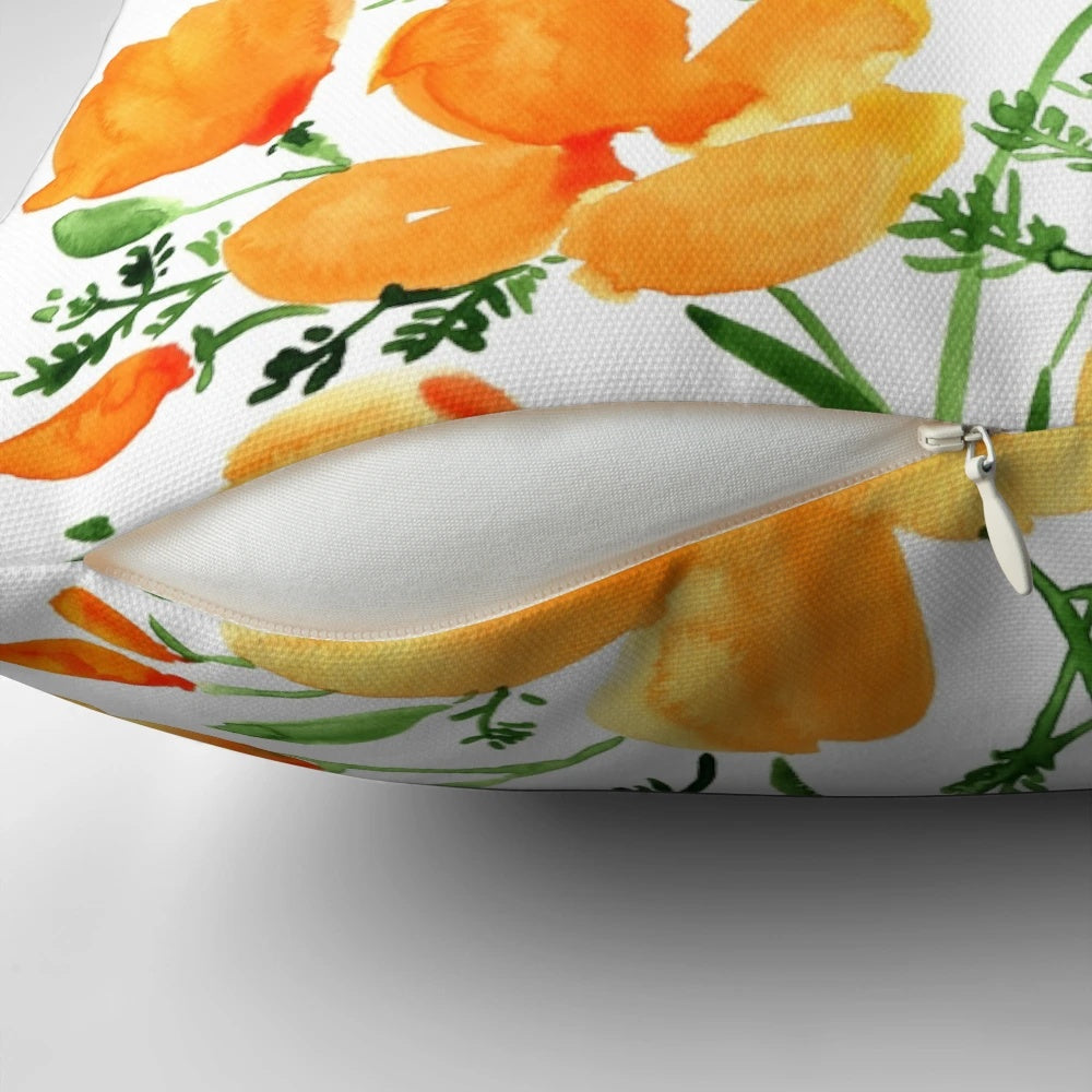 Watercolor painting of vibrant California poppies on a decorative throw pillow
