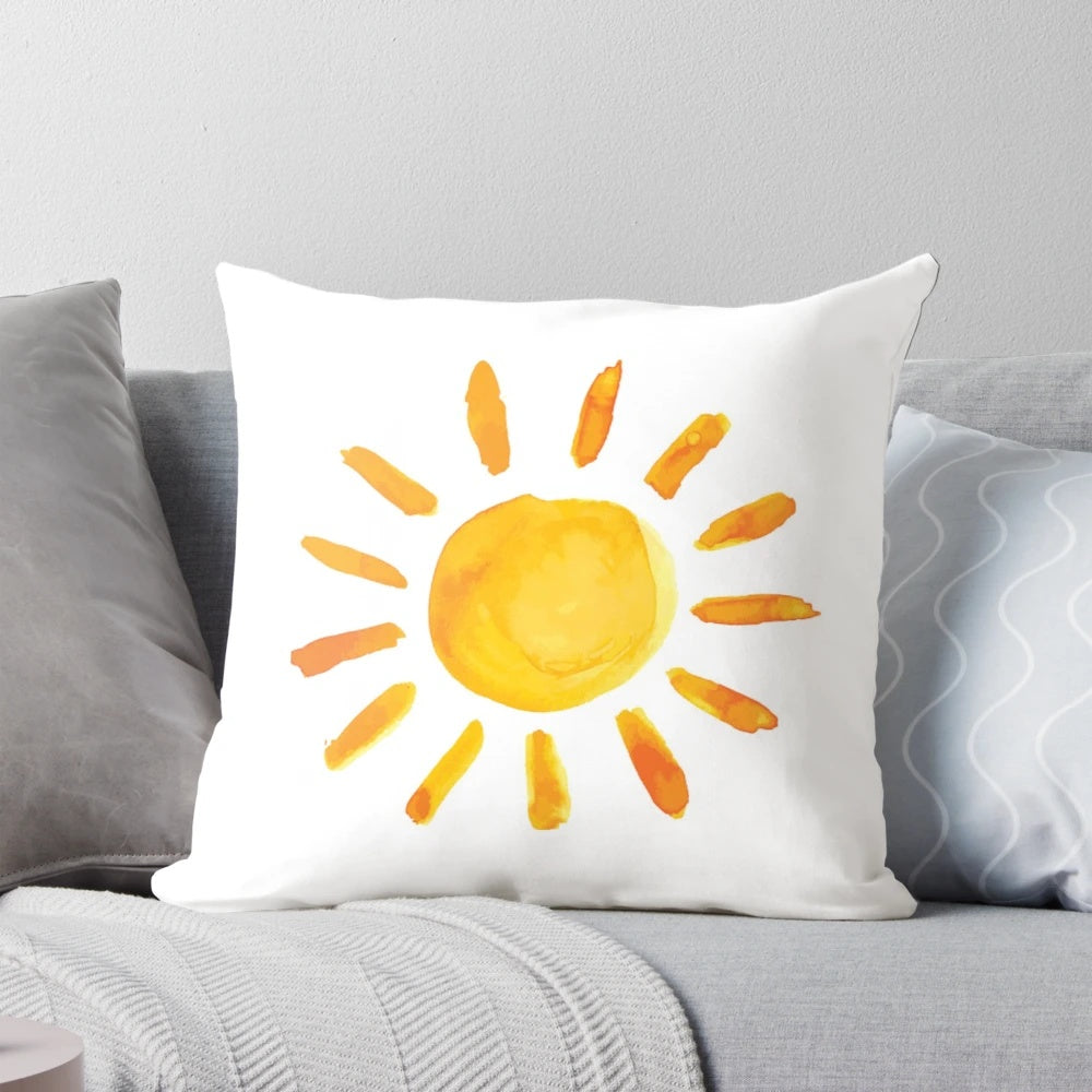 Bohemian-style watercolor painted sun throw pillow with elephant, pineapple, and mandala design