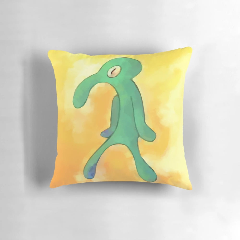 A high-quality decorative pillow featuring a bold and brash design inspired by the Spongebob Squarepants cartoon.