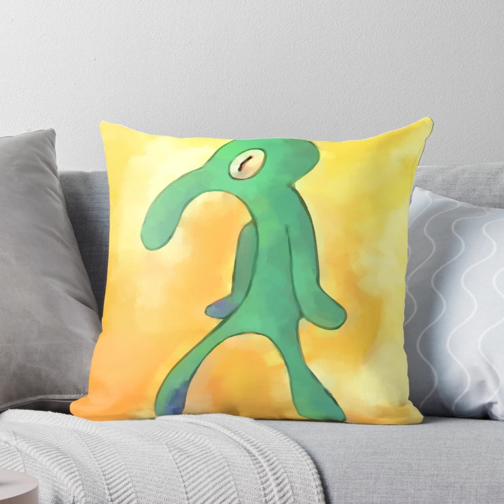 A high-quality decorative pillow featuring a bold and brash design inspired by the Spongebob Squarepants cartoon.