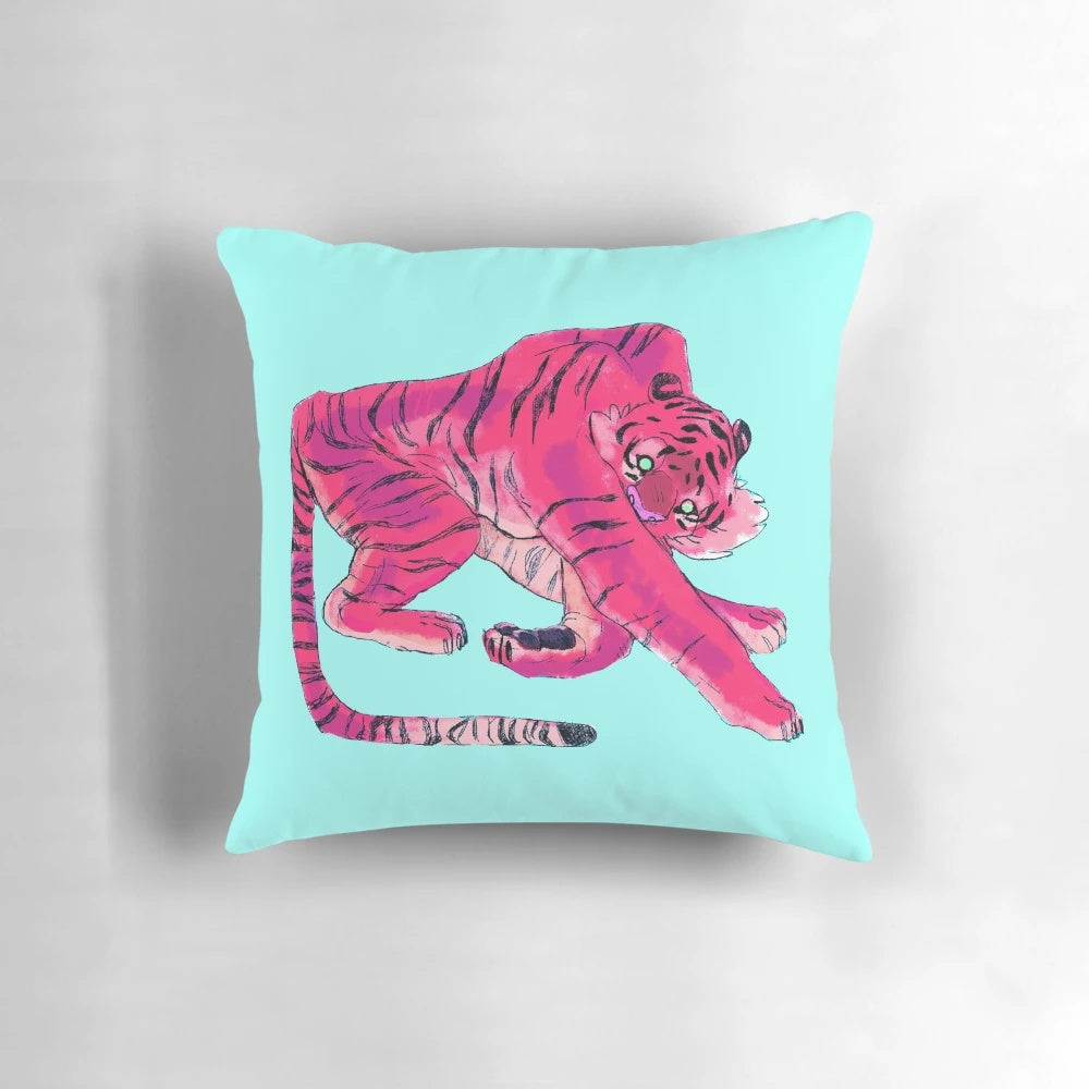 A colorful pillow featuring a bold tiger stripe print design