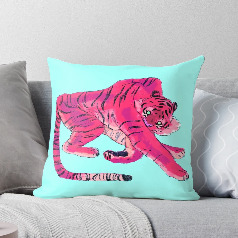 A colorful pillow featuring a bold tiger stripe print design