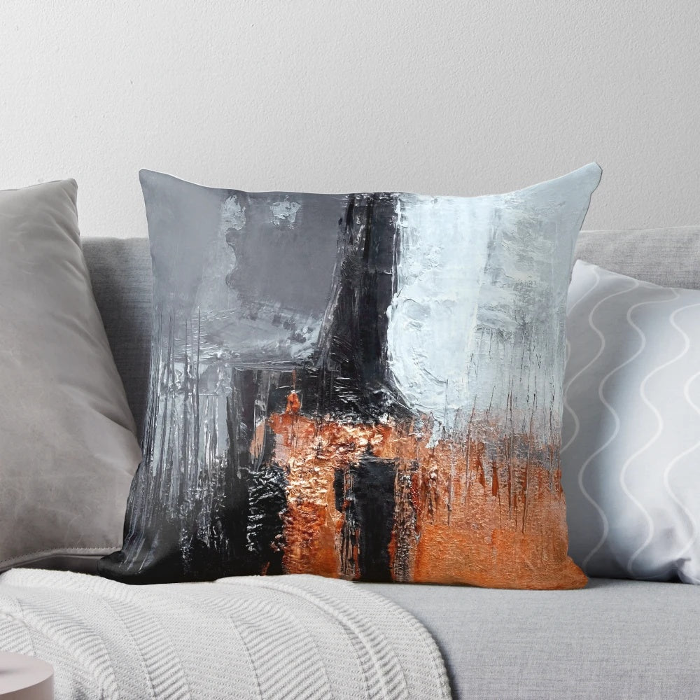 Black and orange abstract oil painting pillow with textured, geometric design