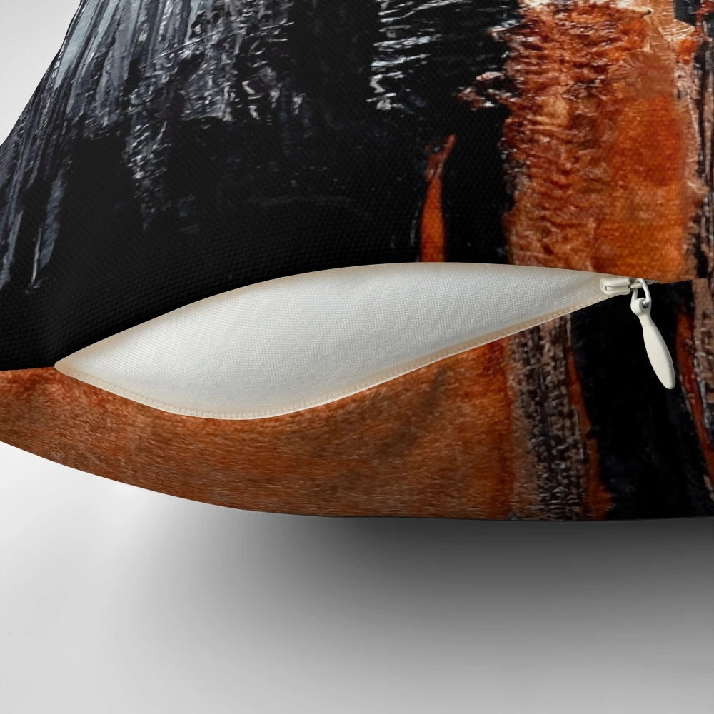 Black and orange abstract oil painting pillow with textured, geometric design