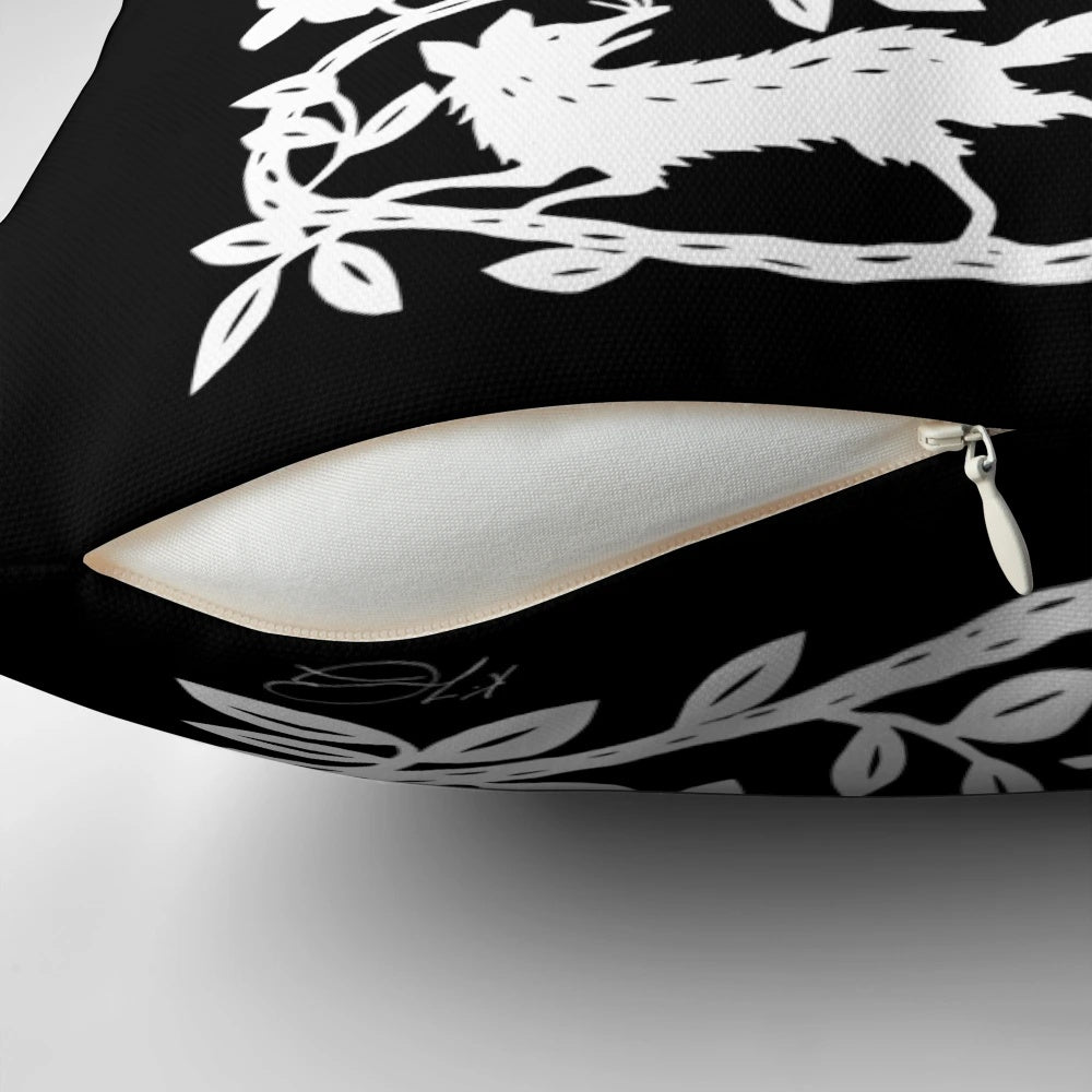 Monochrome silhouette of a fox on a bold pillow, perfect for a brave and modern girl's room