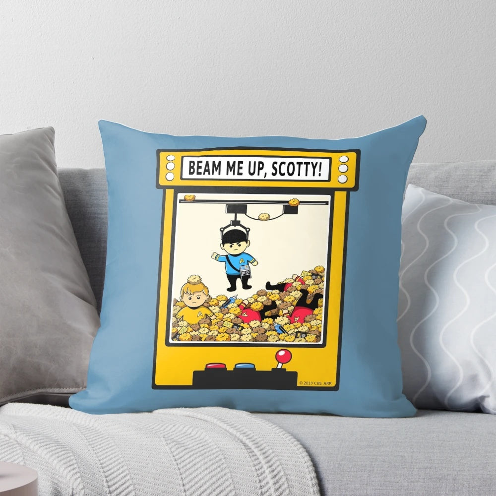 A decorative pillow featuring the iconic "Beam Me Up, Scotty" phrase from Star Trek