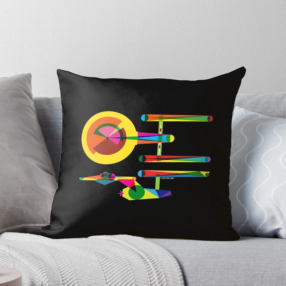 A minimalist, colorful collage design of the USS Enterprise from the Star Trek franchise, featured on a high-quality pillow.