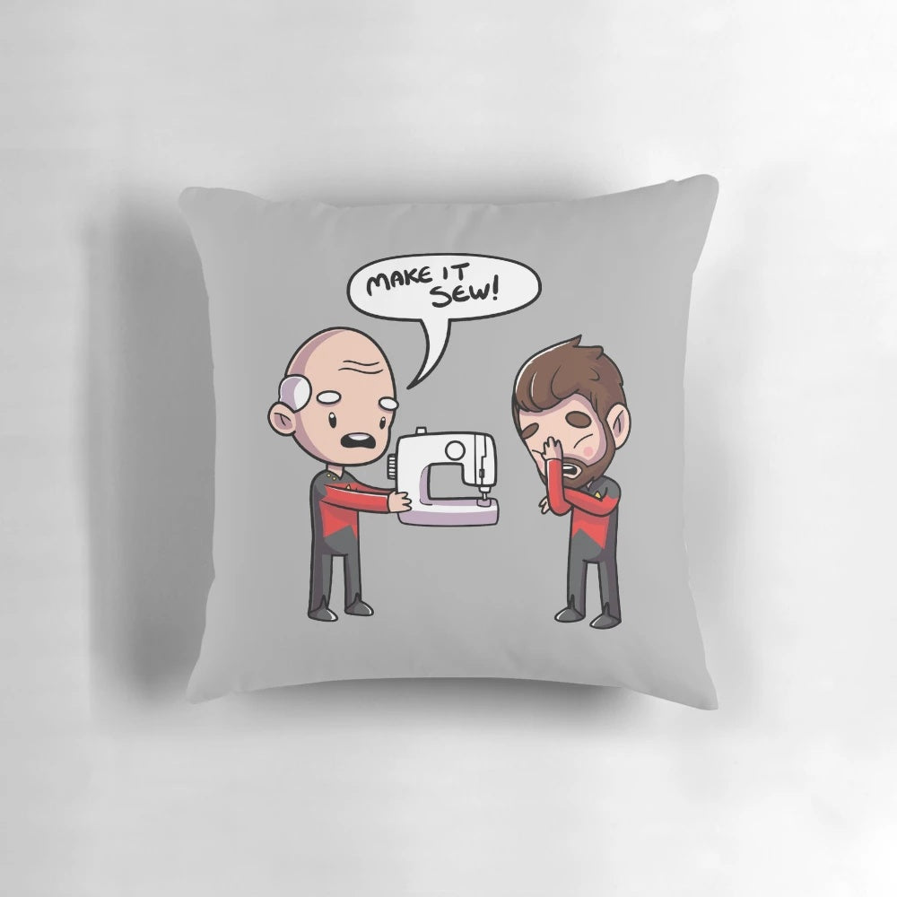 Star Trek-inspired decorative pillow with a sewing-themed design