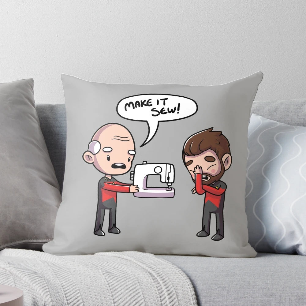 Star Trek-inspired decorative pillow with a sewing-themed design