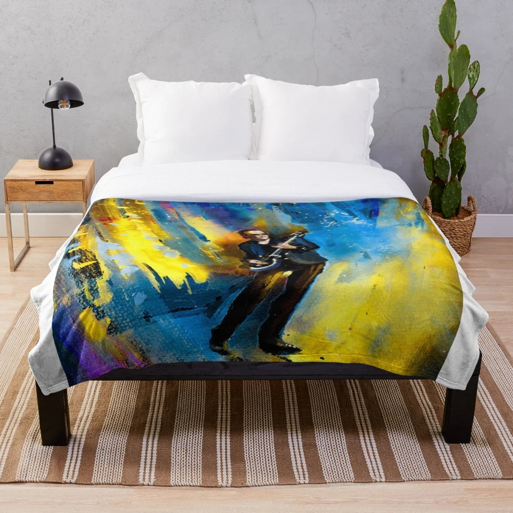 Bonamassa-inspired plush blanket with guitar and musical notes