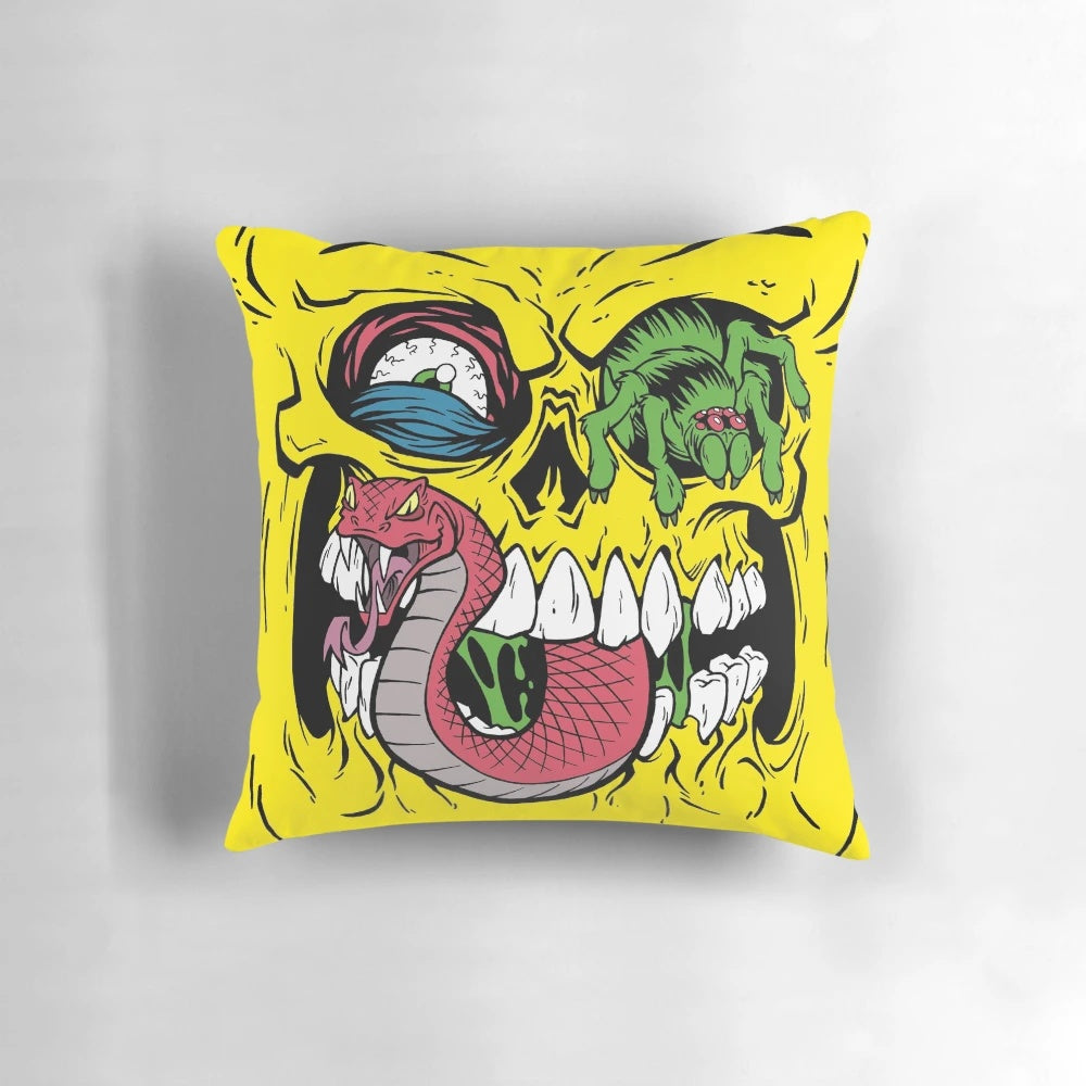 Whimsical bone head shaped pillow with a playful monster design by artist Phil Postma