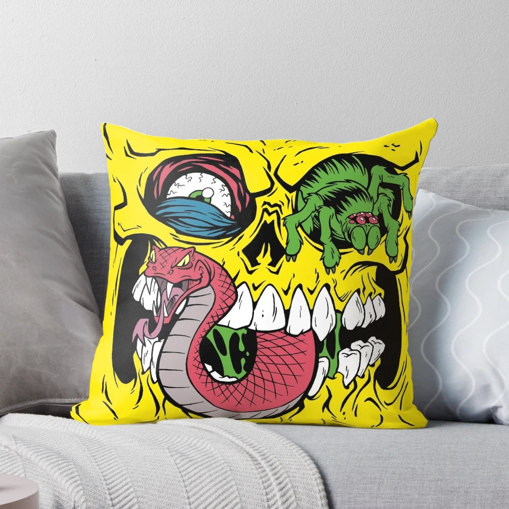 Whimsical bone head shaped pillow with a playful monster design by artist Phil Postma