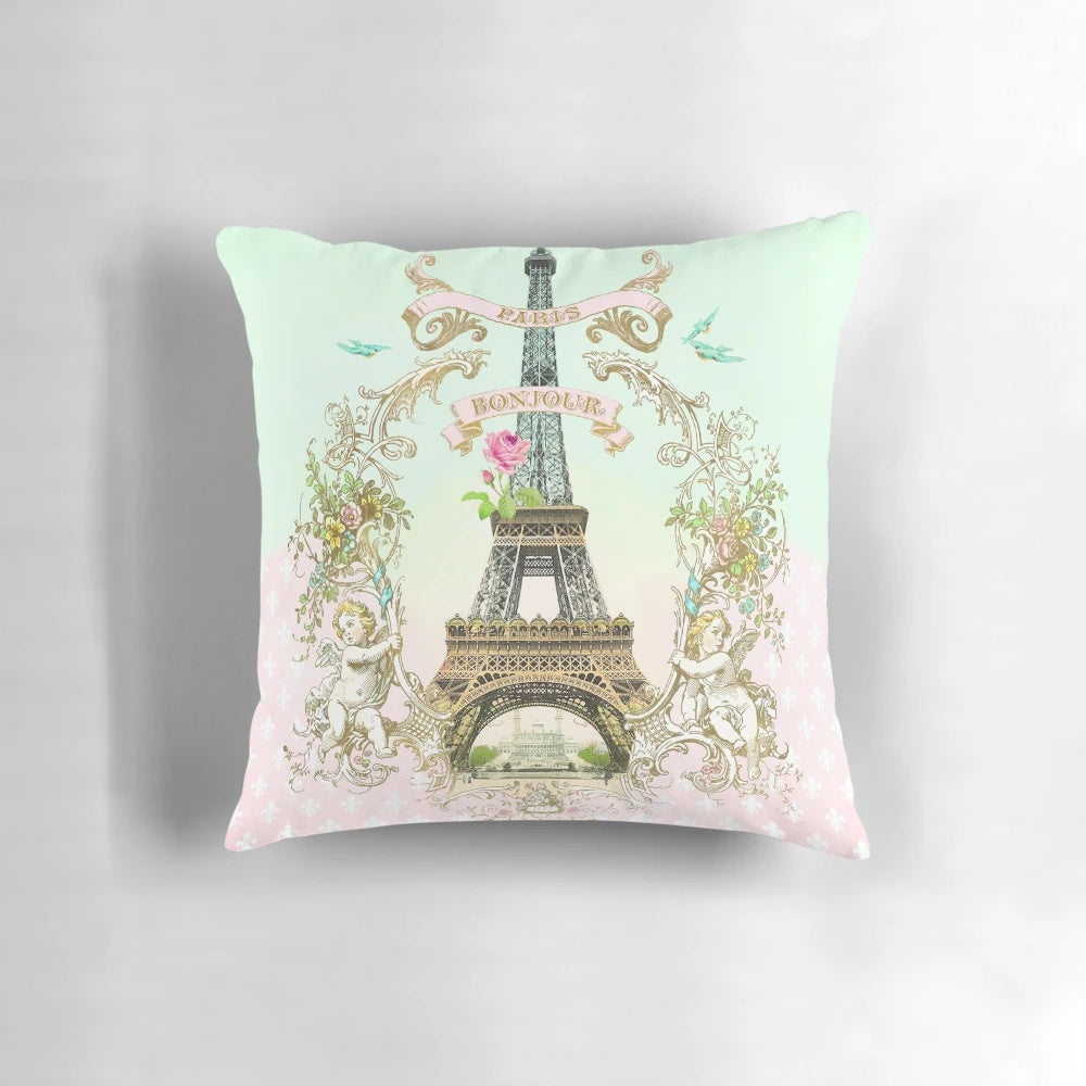 Bonjour Paris vintage-inspired throw pillow with Eiffel Tower and fleur de lis design