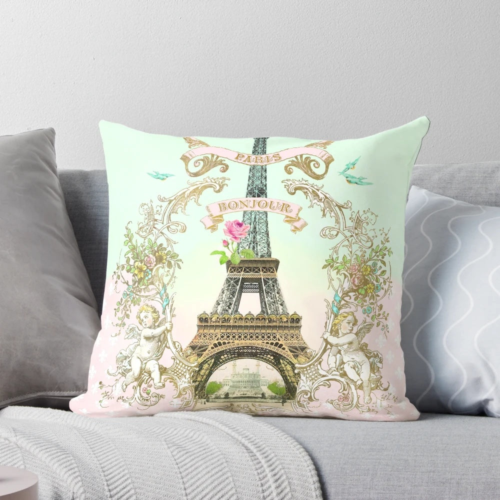 Bonjour Paris vintage-inspired throw pillow with Eiffel Tower and fleur de lis design