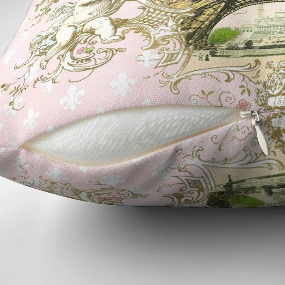 Bonjour Paris vintage-inspired throw pillow with Eiffel Tower and fleur de lis design