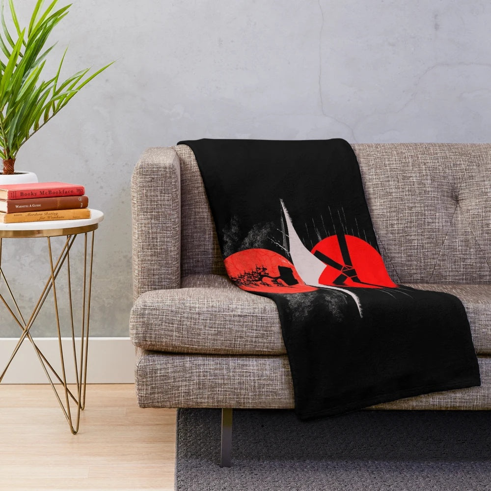 Bonsai-inspired judo plush blanket with red tree and Japanese elements