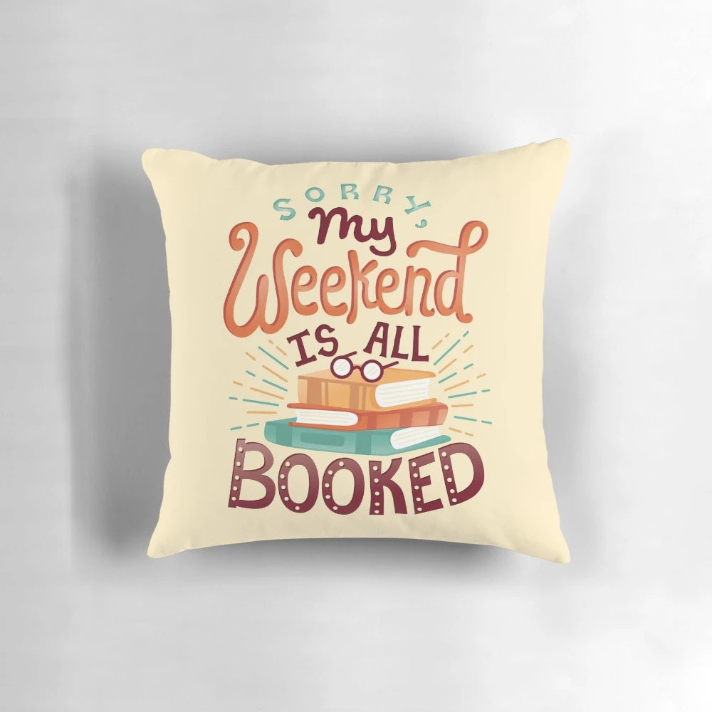 A cozy pillow featuring the text "I'm booked" in a hand-lettered style, perfect for book lovers and avid readers.
