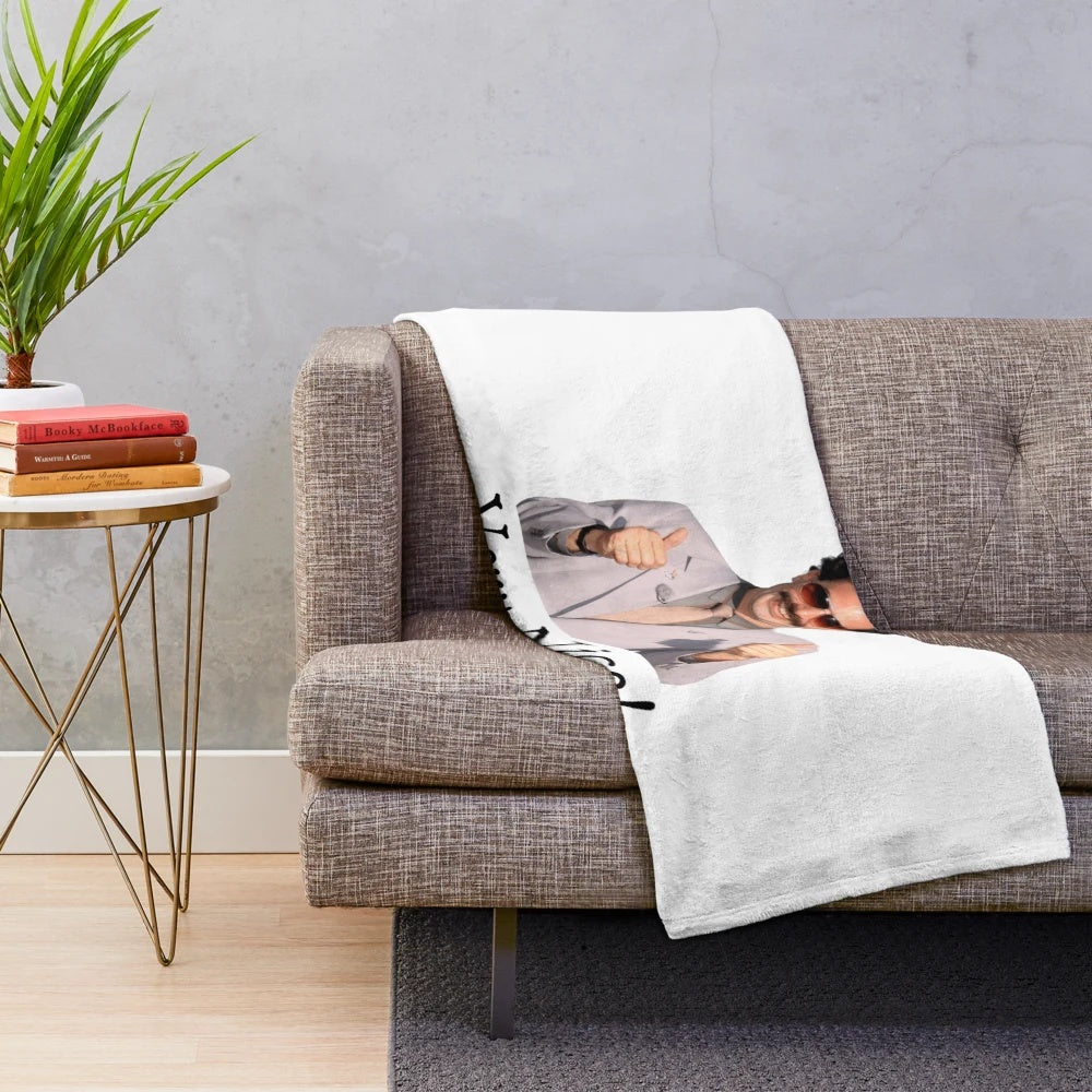 Borat-inspired plush blanket featuring the iconic Kazakh character
