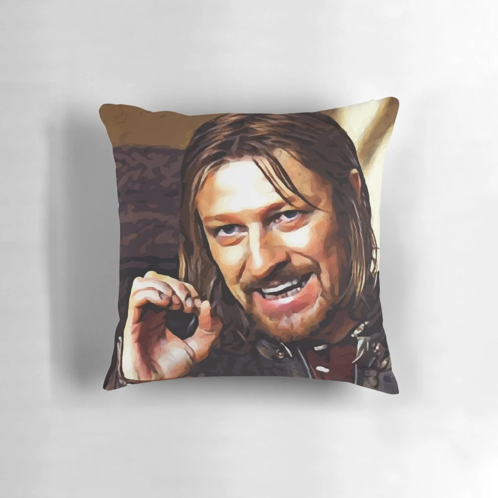 Boromir from the Lord of the Rings movie series featured on a comfortable pillow with the iconic "One Does Not Simply" meme quote.