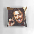 Boromir from the Lord of the Rings movie series featured on a comfortable pillow with the iconic "One Does Not Simply" meme quote.