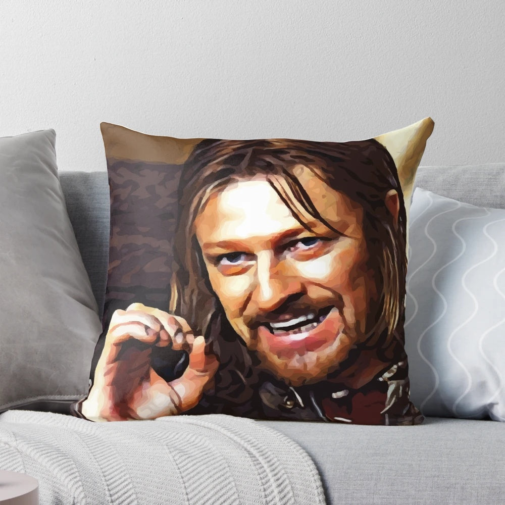 Boromir from the Lord of the Rings movie series featured on a comfortable pillow with the iconic "One Does Not Simply" meme quote.