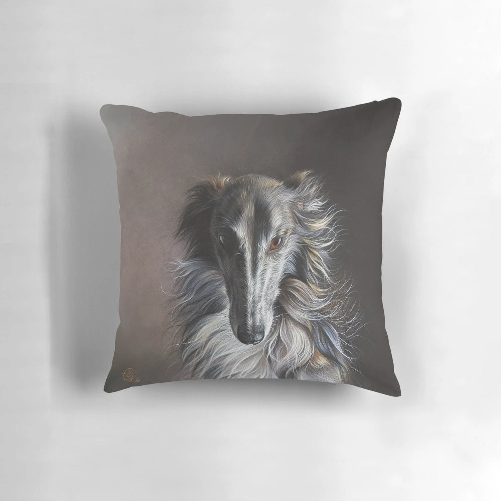 Borzoi dog in an ethereal, twilight-inspired angel portrait on a decorative pillow