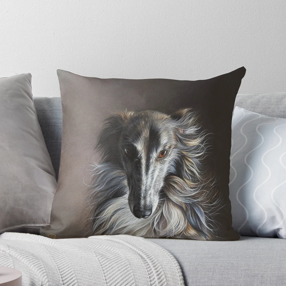Borzoi dog in an ethereal, twilight-inspired angel portrait on a decorative pillow