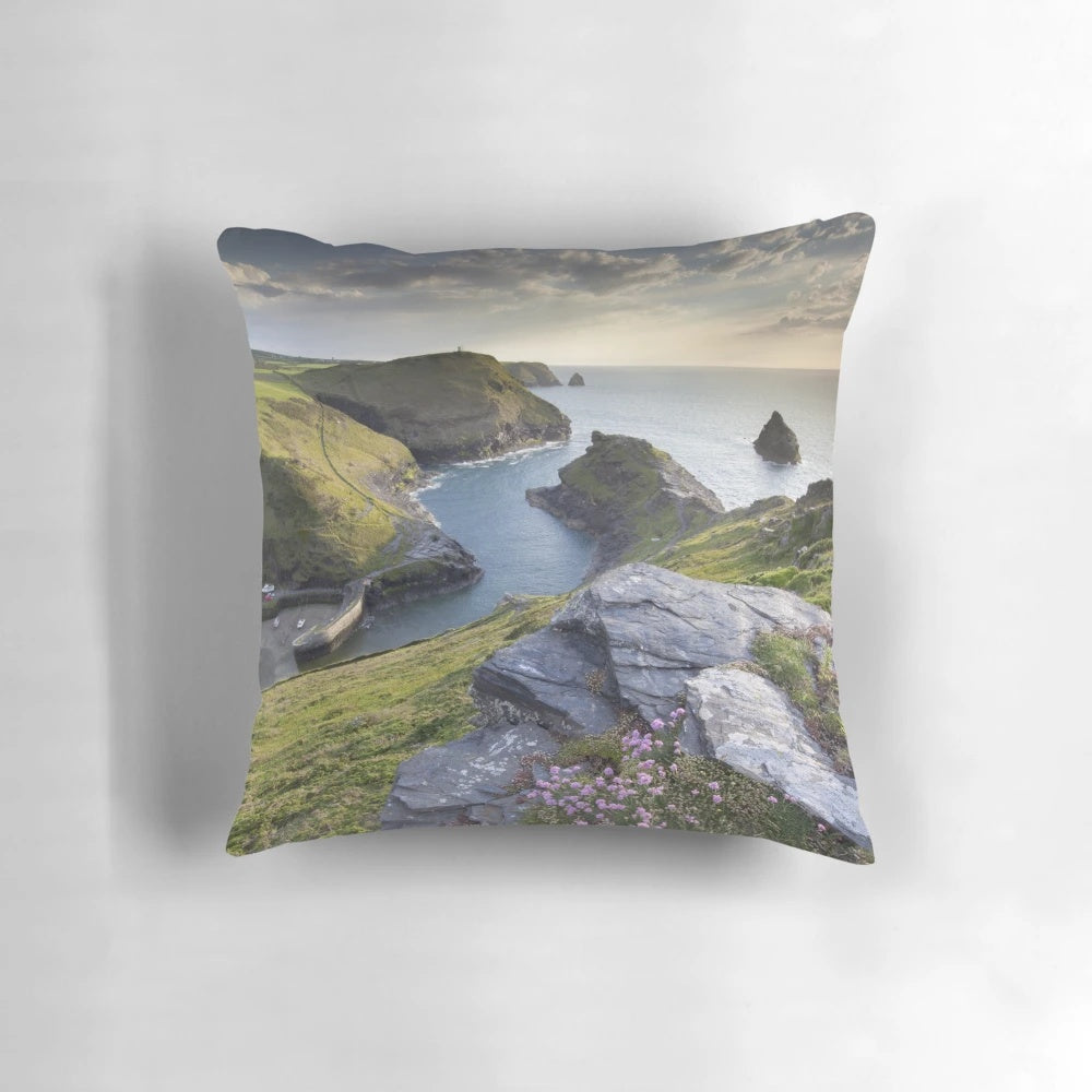 Pillow featuring a picturesque view of Boscastle Harbour on the Cornish coast in England