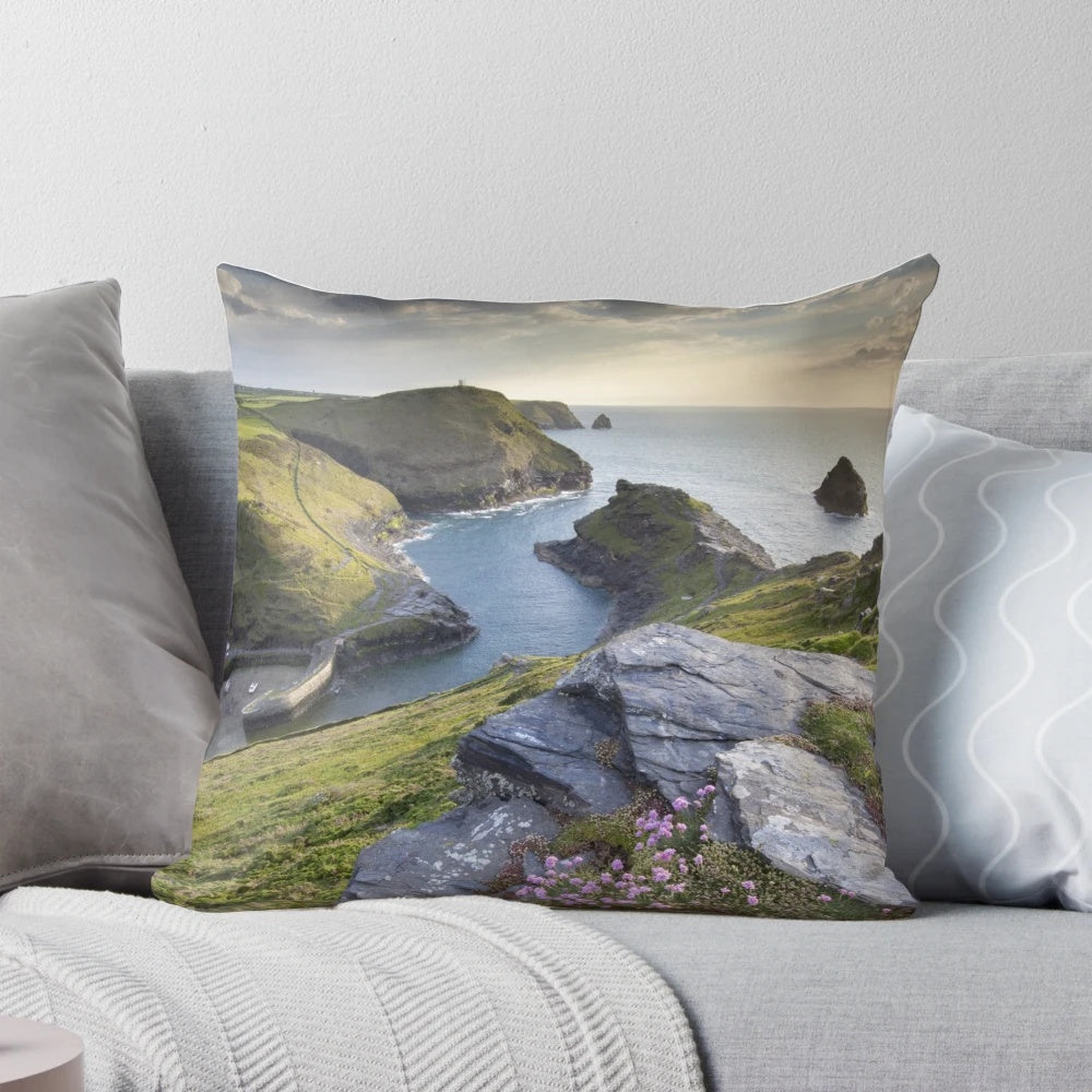 Pillow featuring a picturesque view of Boscastle Harbour on the Cornish coast in England