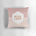 Boss lady hexagon-shaped decorative throw pillow with feminine pink and geometric text design