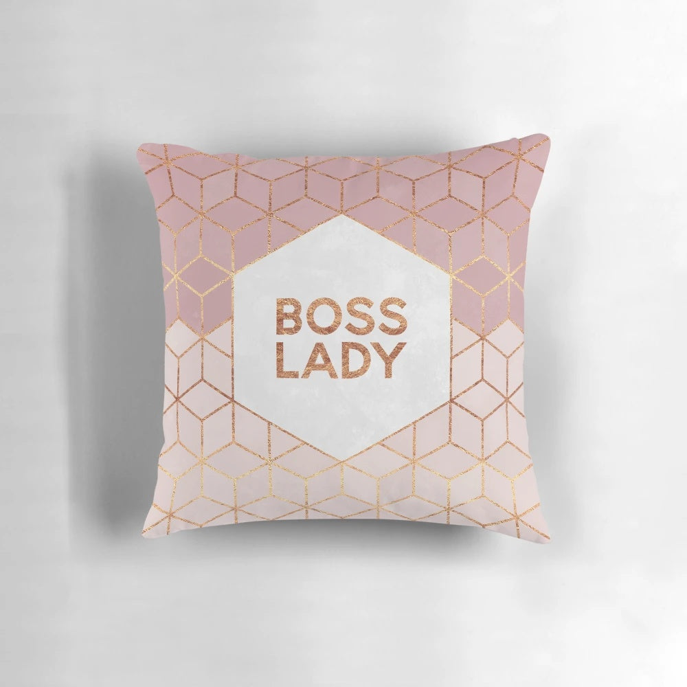 Boss lady hexagon-shaped decorative throw pillow with feminine pink and geometric text design