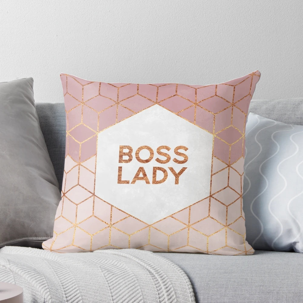 Boss lady hexagon-shaped decorative throw pillow with feminine pink and geometric text design