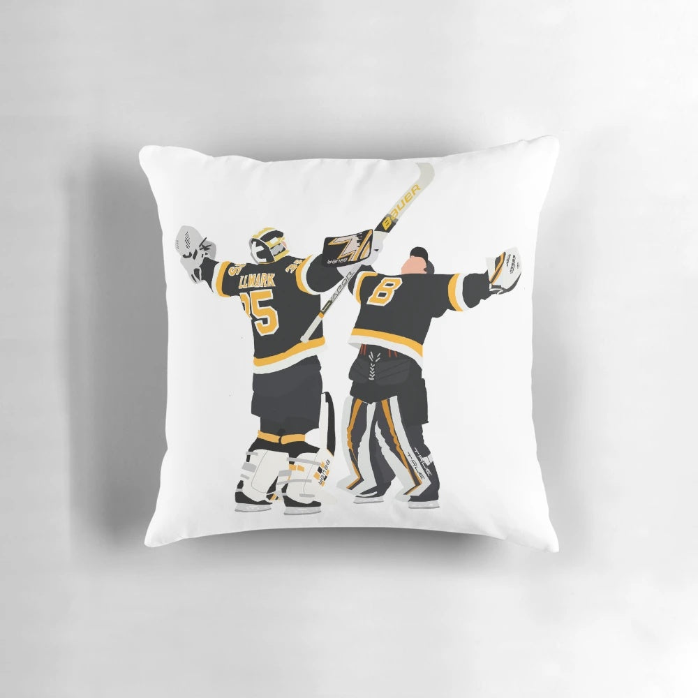 Boston Bruins hockey players Jeremy Swayman and Linus Ullmark embracing on a soft, cozy pillow