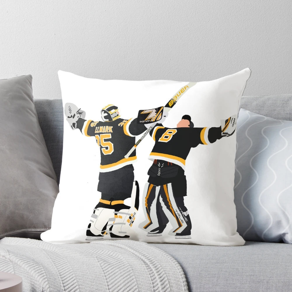 Boston Bruins hockey players Jeremy Swayman and Linus Ullmark embracing on a soft, cozy pillow