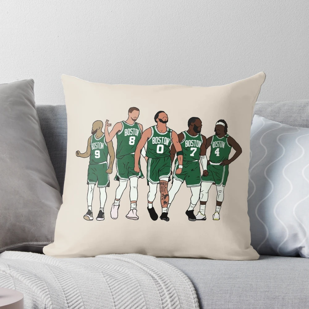 Boston Celtics Big 4 NBA players Kristaps Porzingis, Jrue Holiday, Jayson Tatum, Jaylen Brown sports basketball pillow