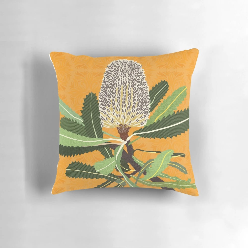 Vibrant green banksia flower illustration on a modern throw pillow, perfect for nature-inspired home decor.