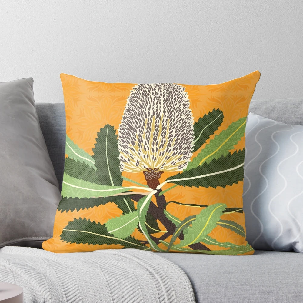 Vibrant green banksia flower illustration on a modern throw pillow, perfect for nature-inspired home decor.