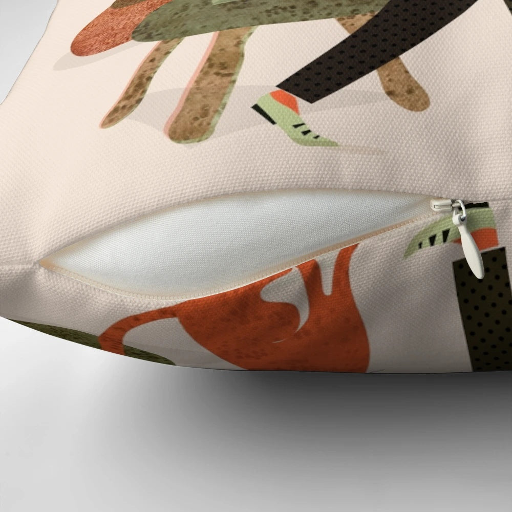 A cozy plant-themed pillow featuring a ginger cat lounging amidst a lush floral arrangement.