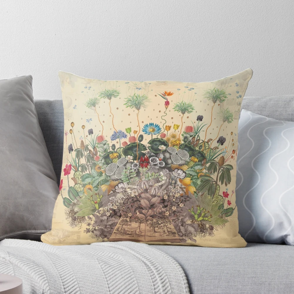 A beautifully crafted botanical pillow featuring a fantastical, nature-inspired design.