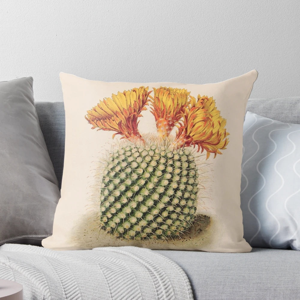 Botanical cactus pillow with floral and succulent design for natural, rustic home decor