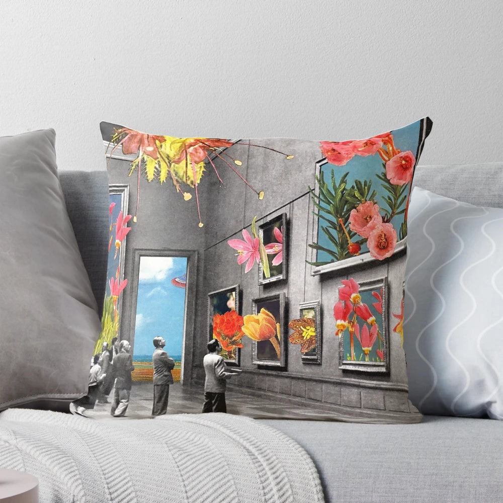 A beautiful collage-style pillow featuring a natural history museum theme with pink and black and white flowers, roses, and lilies.
