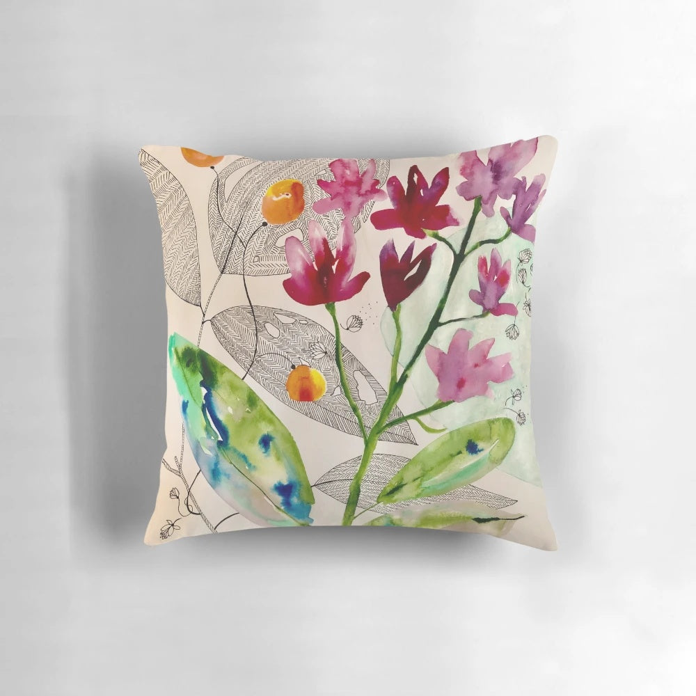 Botanical composition floral pillow with watercolor, ink, and acrylic accents