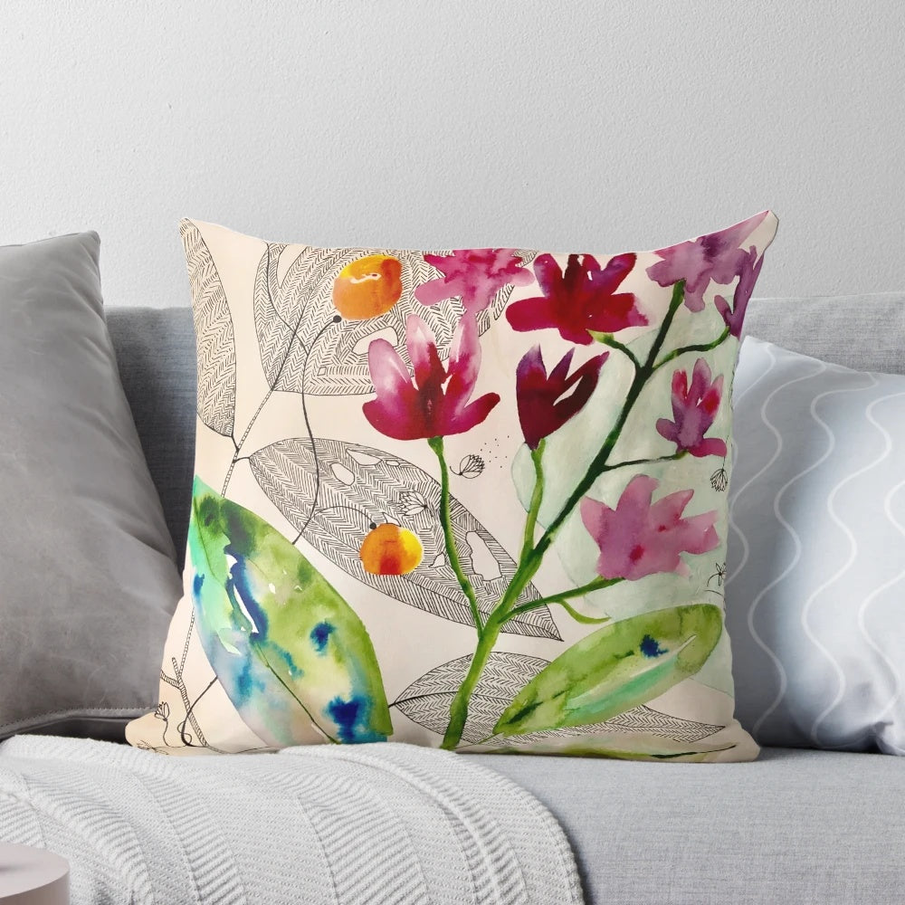 Botanical composition floral pillow with watercolor, ink, and acrylic accents