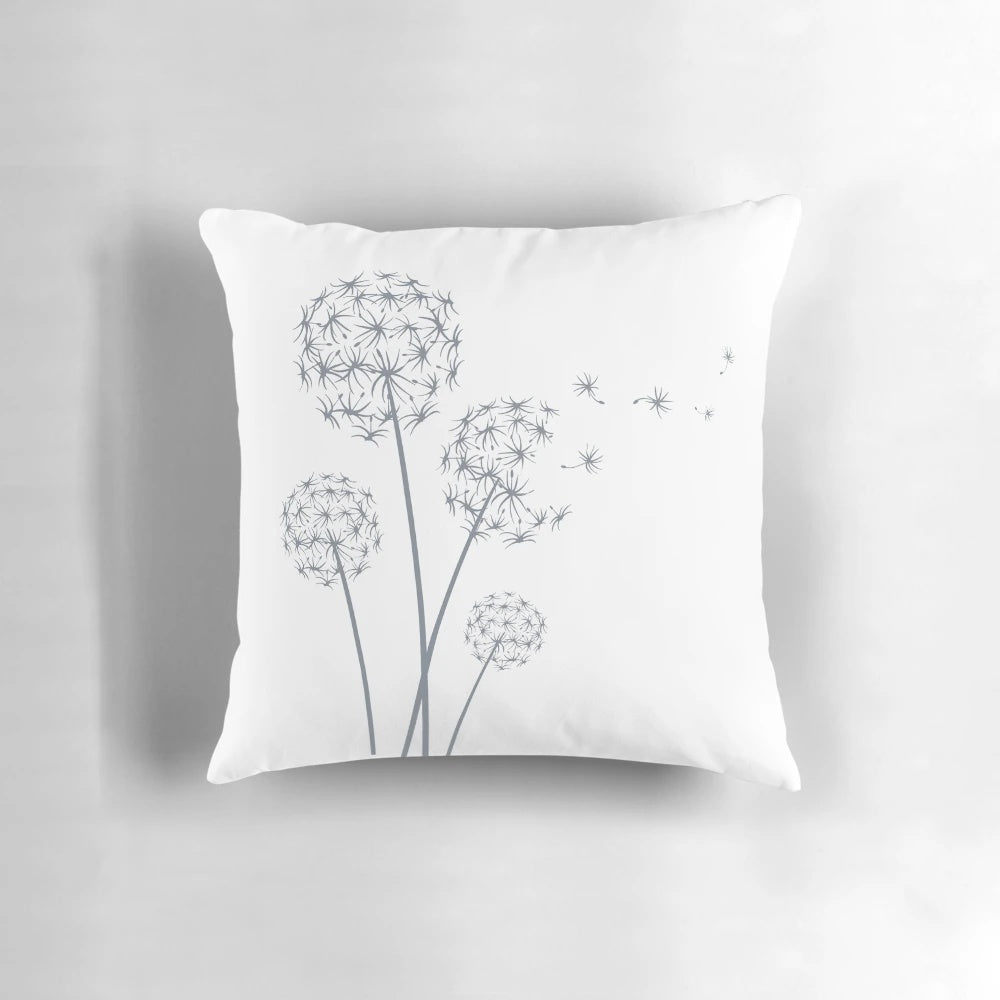 Soft, grey botanical dandelion accent pillow for indoor and outdoor use.