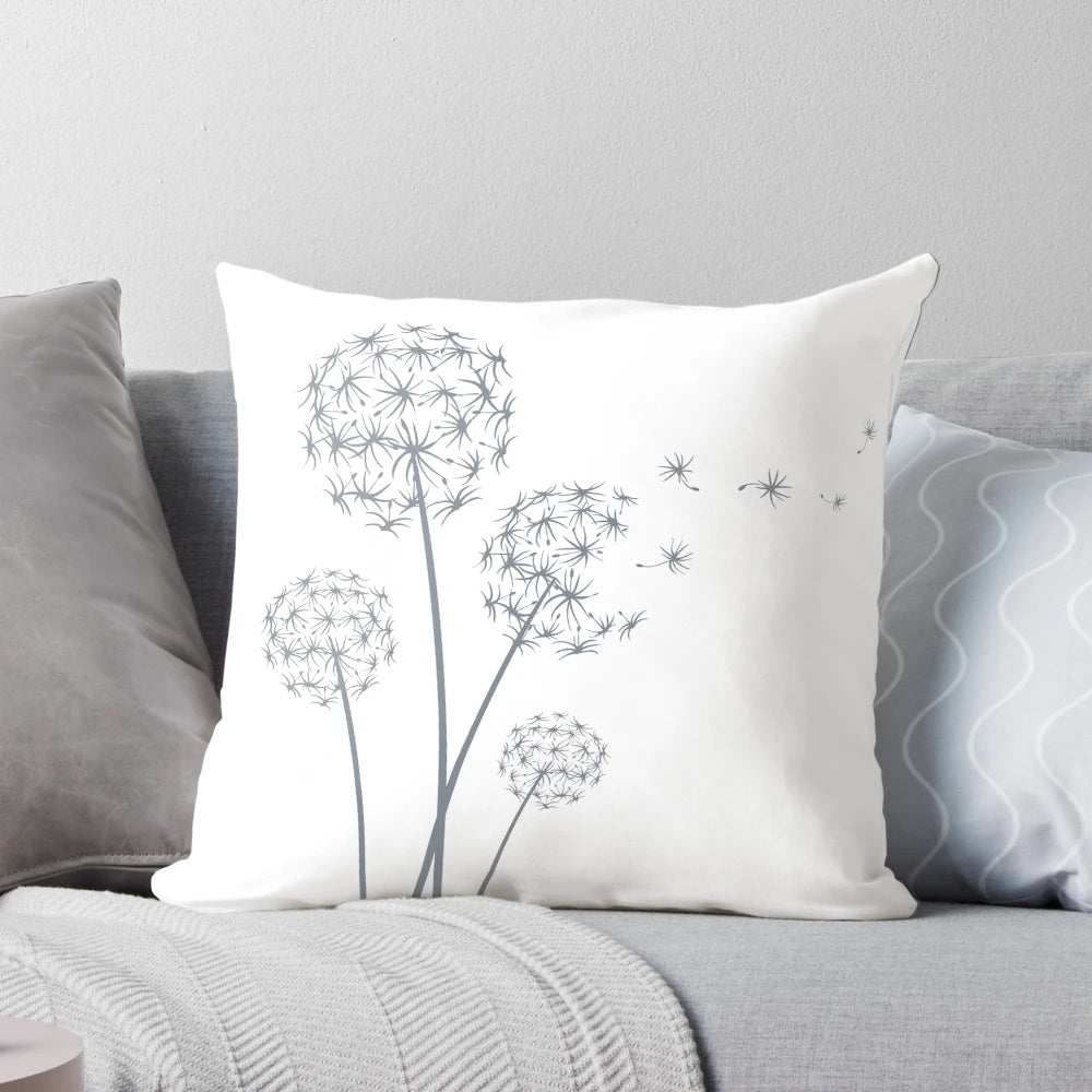 Soft, grey botanical dandelion accent pillow for indoor and outdoor use.