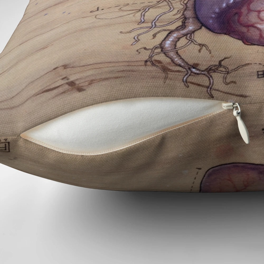 Decorative pillow with a detailed dandelion heart diagram design