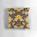 Botanical dark floral pattern throw pillow in navy, yellow, and orange colors