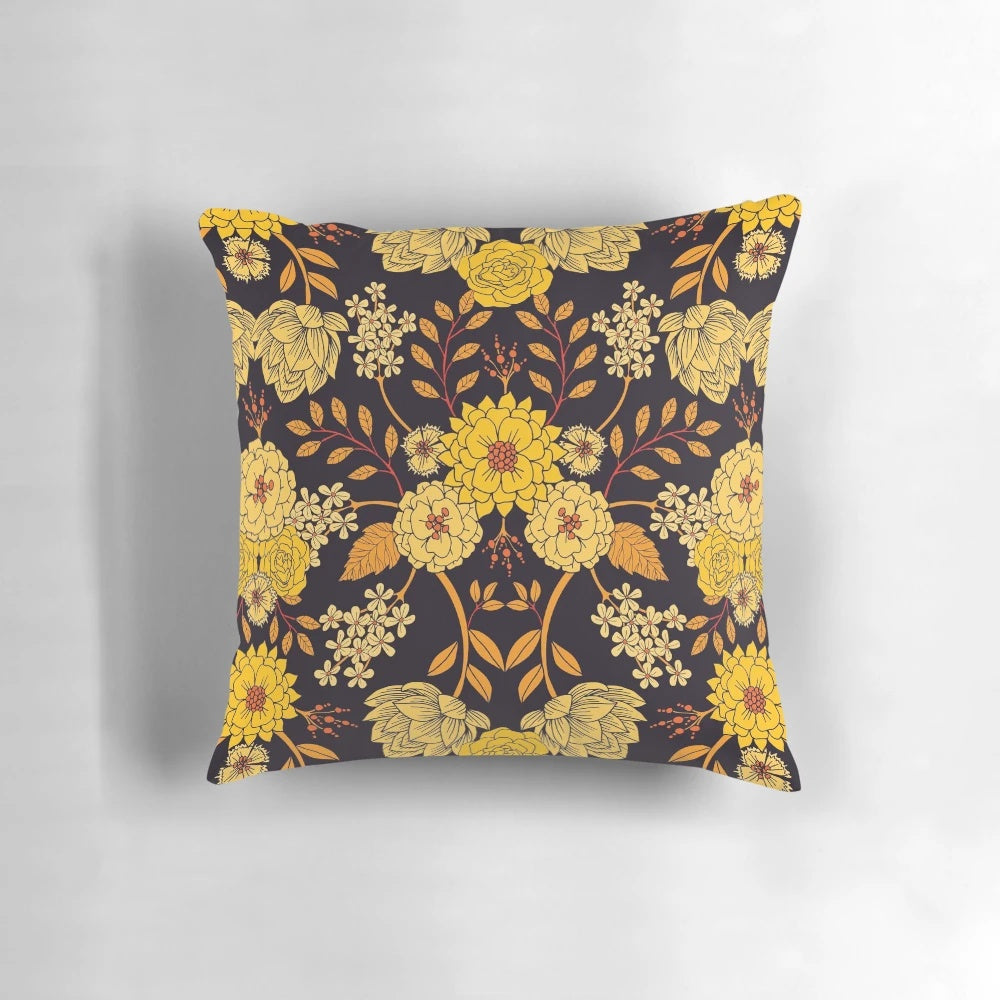 Botanical dark floral pattern throw pillow in navy, yellow, and orange colors