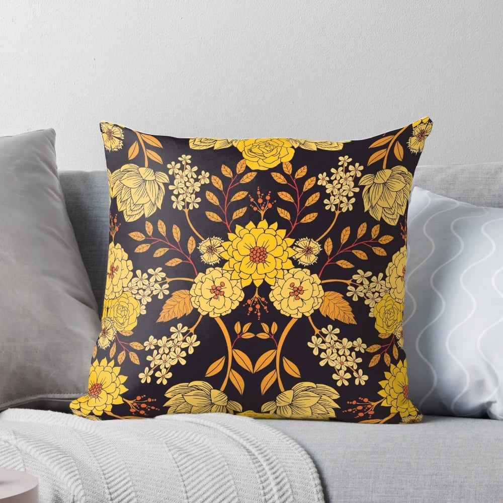 Botanical dark floral pattern throw pillow in navy, yellow, and orange colors